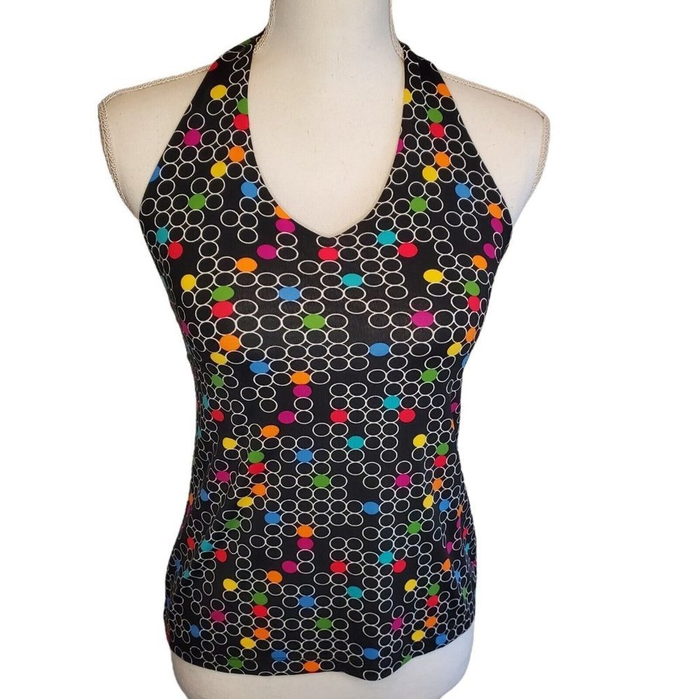 Y2K Black Halter Top Multi-color Polka Dot Slinky Stretch Jersey Knit Size S/M